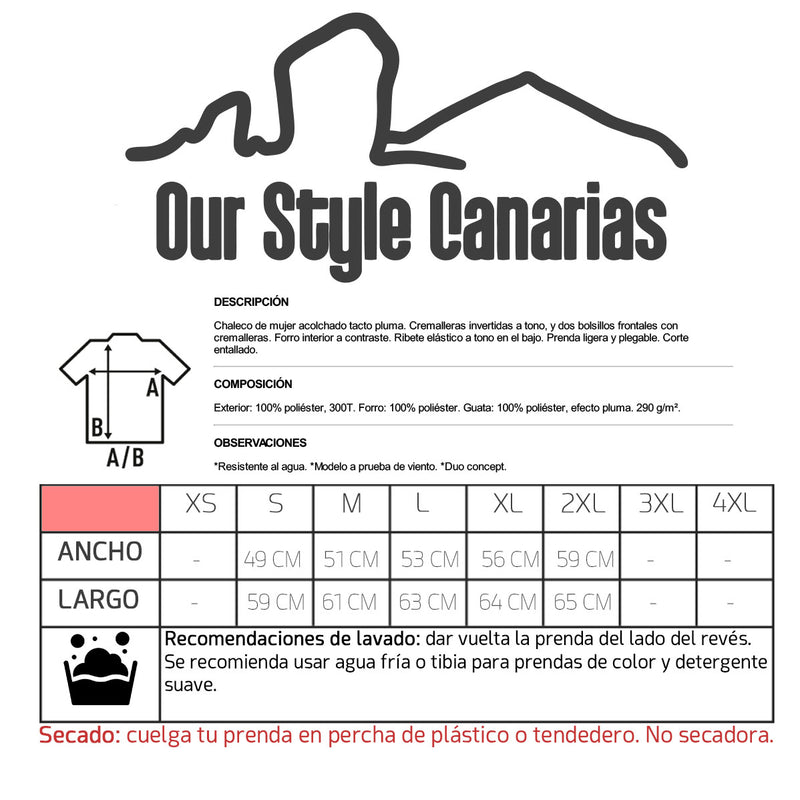 Guía de tallas - Chaleco Acolchado Mujer Tacto Pluma – Corte Entallado y Diseño Ligero